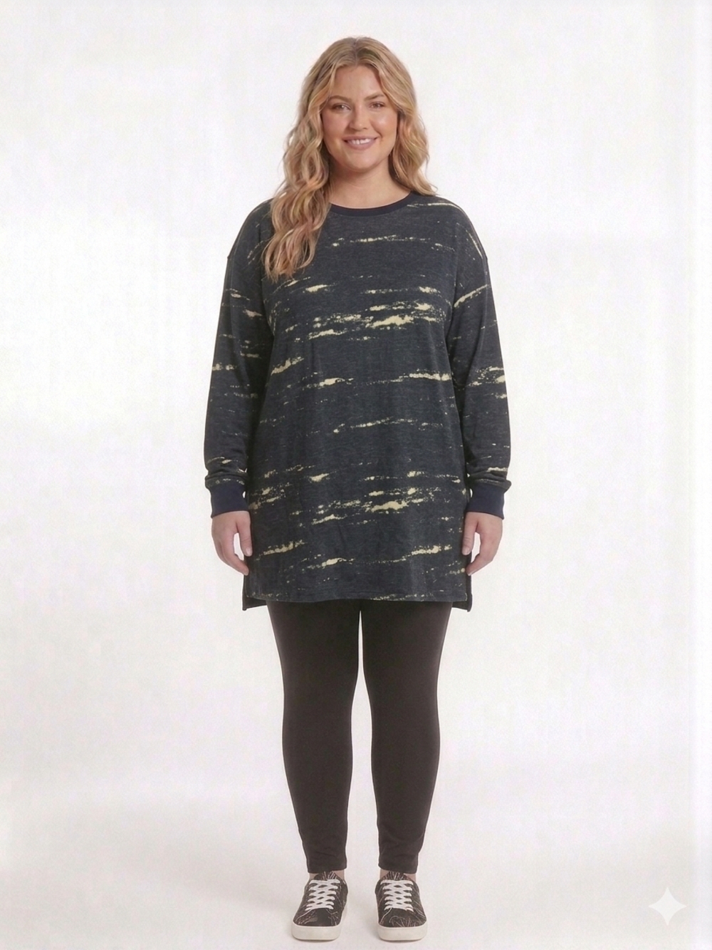 Long Sleeve Tunic Sweatshirt in Blue with Cream Wash Up To Size 3XL